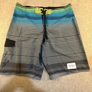 Hang Ten Mens Board Shorts Size 36‎ Blue Green Ombre Striped Swim Trunks Cargo